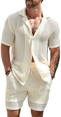 Men's 2 Piece Outfit Hollow Out Knit Button Up Shirt and Knit Short Sets