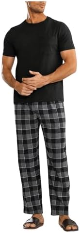 Men's 2 Piece Pajama Sets Plaid Pj Set Comfy Sleepwear, Black Plaid