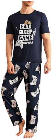 Men's 2 Piece Summer Pajama Sets Crew Neck Graphic Tees, Dark Blue