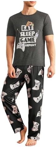 Men's 2 Piece Summer Pajama Sets Crew Neck Graphic Tees, Dark Grey