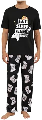 Men's 2 Piece Summer Pajama Sets Crew Neck Graphic Tees with Long Pants