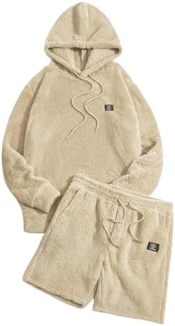 Men's 2 Piece Tracksuit Set Fuzzy Fleece Drawstring Hooded Sweatshirt and
