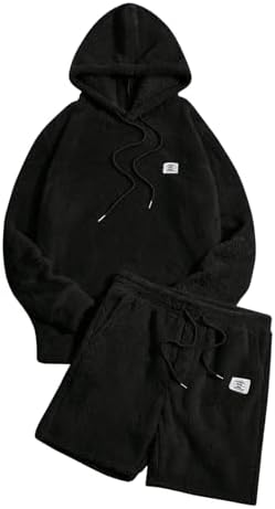 Men's 2 Piece Tracksuit Sets Fleece Fuzzy Hooded Sweatshirt, Black