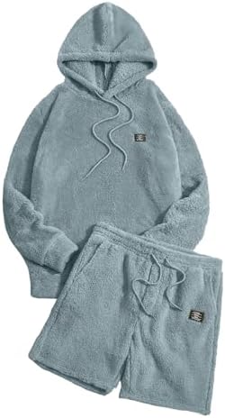 Men's 2 Piece Tracksuit Sets Fleece Fuzzy Hooded Sweatshirt, Light Blue