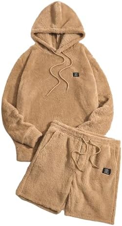 Men's 2 Piece Tracksuit Sets Fleece Fuzzy Hooded Sweatshirt, Light Brown