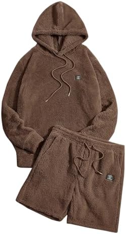 Men's 2 Piece Tracksuit Sets Fleece Fuzzy Hooded Sweatshirt and Shorts Deep