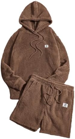 Men's 2 Piece Tracksuit Sets Fleece Fuzzy Hooded Sweatshirt and Shorts Brown