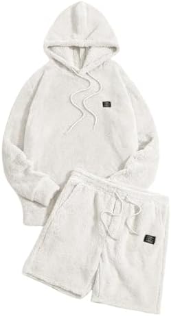 Men's 2 Piece Tracksuit Sets Fleece Fuzzy Hooded Sweatshirt, White