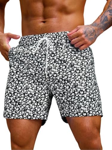Men's 7 Inch Swim Trunks with Pockets Quick Dry Swimsuit, Black White