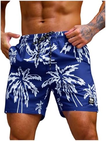 Men's 7 Inch Swim Trunks with Pockets Quick Dry Swimsuit, Blue White