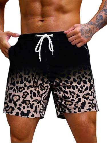 Men's 7 Inch Swim Trunks with Pockets Quick Dry Swimsuit, Brown Black
