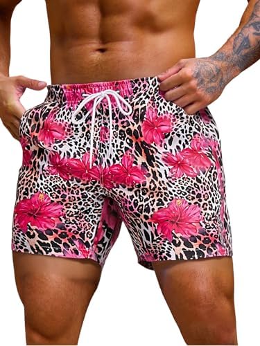 Men's 7 Inch Swim Trunks with Pockets Quick Dry Swimsuit, Brown Pink