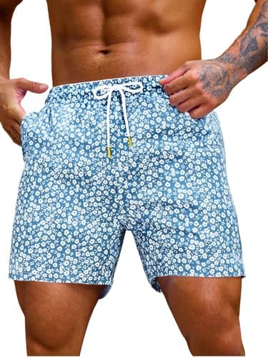 Men's 7 Inch Swim Trunks with Pockets Quick Dry Swimsuit, Floral Blue