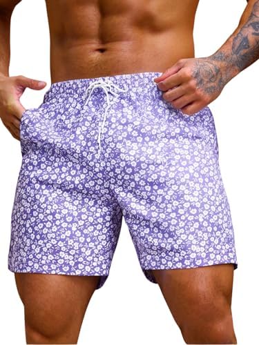 Men's 7 Inch Swim Trunks with Pockets Quick Dry Swimsuit, Floral Purple