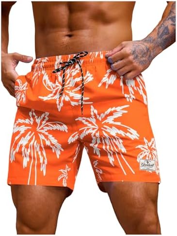 Men's 7 Inch Swim Trunks with Pockets Quick Dry Swimsuit, Orange White