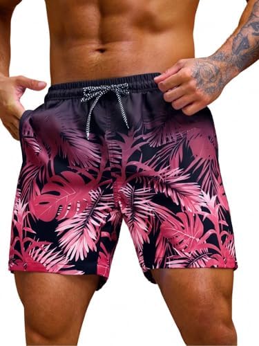 Men's 7 Inch Swim Trunks with Pockets Quick Dry Swimsuit, Pink Multi