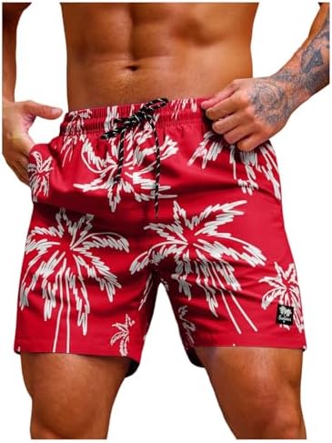 Men's 7 Inch Swim Trunks with Pockets Quick Dry Swimsuit Red, Red