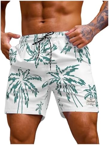 Men's 7 Inch Swim Trunks with Pockets Quick Dry Swimsuit, White Green