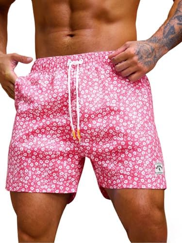 Men's 7 Inch Swim Trunks with Pockets Quick Dry Swimsuit, Floral Hot Pink