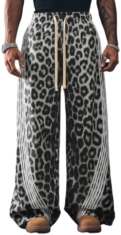 Men's Baggy Cheetah Pants Wide Leg Barrel Y2K Pants, Grey Leopard