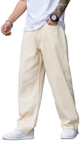 Men's Baggy Jeans High Waist Wide Leg Classic Denim Pants Apricot Large