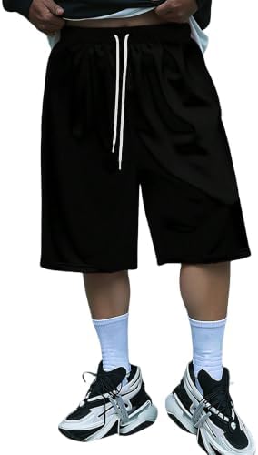 Men's Baggy Sweat Shorts Wide Leg Drawstring Waist 3/4, Black