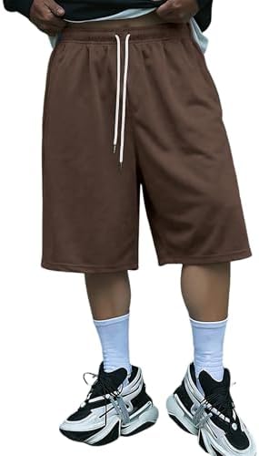 Men's Baggy Sweat Shorts Wide Leg Drawstring Waist 3/4, Brown
