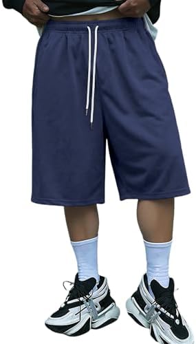 Men's Baggy Sweat Shorts Wide Leg Drawstring Waist 3/4, Dark Blue