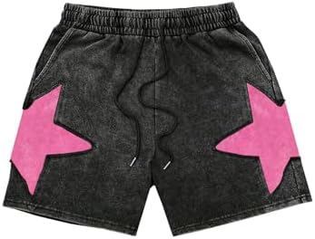 Men's Bermuda Shorts Star Drawstring Waist Y2K Sweat Shorts, Grey Pink