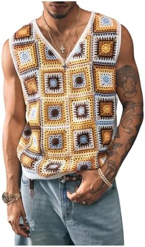 Men's Boho Floral Crochet Sweater Vest Summer Streetwear Going Out Knit Tops