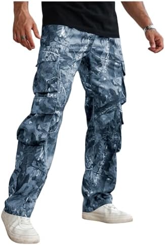 Men's Camo Cargo Pants Straight Leg Drawstring Waist Long, Blue
