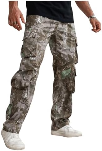 Men's Camo Cargo Pants Straight Leg Drawstring Waist Long Trousers with Multi