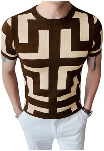 Men's Colorblock Geo Lightweight Sweaters Short Sleeve Slim, Coffee Brown