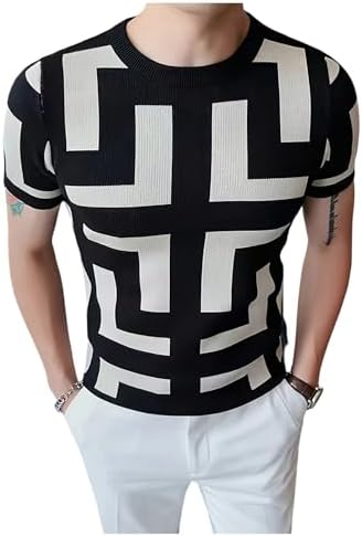 Men's Colorblock Geo Lightweight Sweaters Short Sleeve Slim Fit Pullover Knit