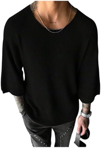 Men's Drop Shoulder 3/4 Sleeve Sweaters Crew Neck Ribbed, Black