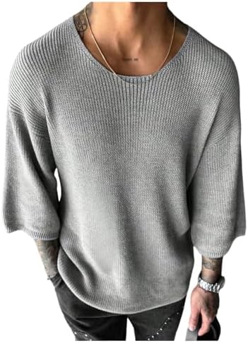 Men's Drop Shoulder 3/4 Sleeve Sweaters Crew Neck Ribbed Knit Tops Grey Large