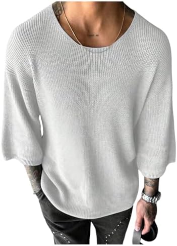 Men's Drop Shoulder 3/4 Sleeve Sweaters Crew Neck Ribbed, White