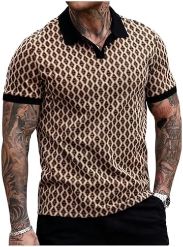 Men's Geo Golf Shirts Casual Short Sleeve Knit Collared Shirt Brown
