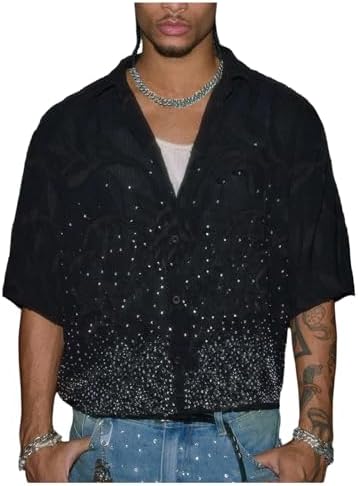 Men's Glitter Rhinestone Button Down Shirt Half Sleeve Drop Shoulder Party