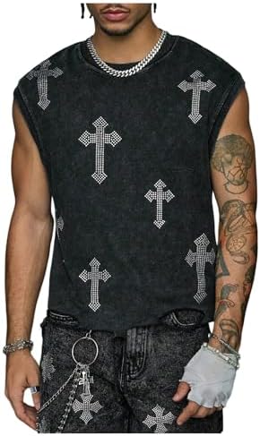 Men's Glitter Rhinestone Ripped Tank Top Sleeveless Crew Neck Punk Grunge