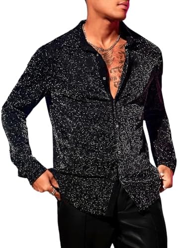 Men's Glitter Shirts Long Sleeve Collar Button Down Party Shirt Top Black