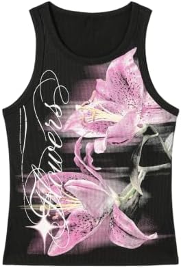 Men's Gothic Ribbed Tank Tops Punk Cross Graphic Sleeveless, Black Flower