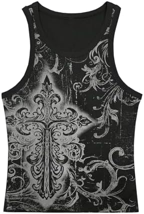 Men's Gothic Ribbed Tank Tops Punk Cross Graphic Sleeveless Streetwear Tops