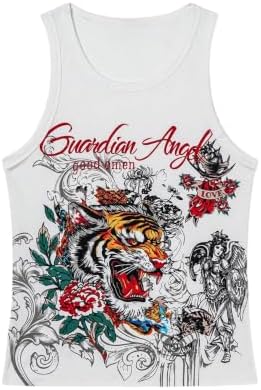Men's Gothic Ribbed Tank Tops Punk Cross Graphic Sleeveless, White Tiger