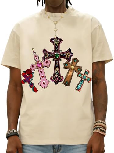 Men's Graphic Tees Oversized Tshirts Y2K Short Sleeve T, Apricot