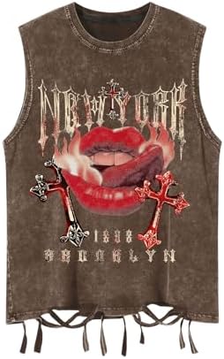 Men's Graphic Tees Y2k Grunge Distressed Tee Summer Shirt, Coffee Brown