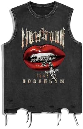 Men's Graphic Tees Y2k Grunge Distressed Tee Summer Shirt, Lips Black