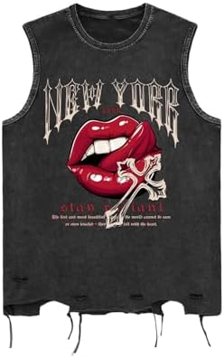 Men's Graphic Tees Y2k Grunge Distressed Tee Summer Shirt, Black Red