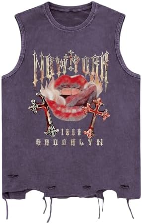 Men's Graphic Tees Y2k Grunge Distressed Tee Summer Shirt, Violet Purple
