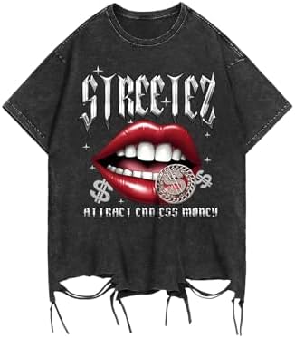 Men's Graphic Tees Y2k Tops Hip Hop Lip Goth Ripped Short, Black Sliver